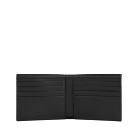 Prada Nero Saffiano leather bifold wallet, open view showing multiple card slots on both sides, black interior lining