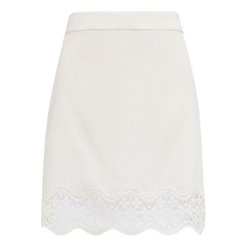 Forever New mini skirt in porcelain with scalloped lace hem trim, flat lay view showing structured waistband and A-line silhouette