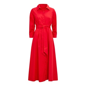 Forever New red midi shirt dress with three-quarter sleeves, point collar, self-tie belt, and full A-line skirt