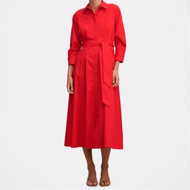Model wearing Forever New red midi shirtdress with tie waist, 3/4 sleeves and full skirt, styled with tan heeled sandals