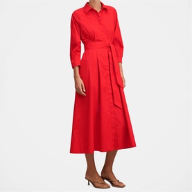 Model wearing Forever New red midi shirt dress with tie waist, three-quarter sleeves and A-line skirt, styled with tan heeled sandals