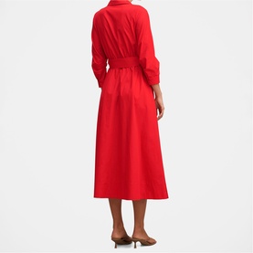 Model wearing Forever New red midi shirt dress with belted waist and long sleeves, styled with nude heels, back view