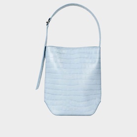 Samsoe & Samsoe Bel Air Blue leather bucket bag with croc-embossed texture, single top handle, and silver-tone zip fastening