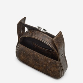 Samsoe & Samsoe shoulder bag in Washed Gunmetal distressed leather, open view showing dark interior lining, silver-tone clasp hardware