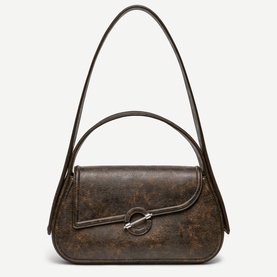 Samsoe & Samsoe Washed Gunmetal shoulder bag with structured silhouette, ring-loop clasp, top handle and single shoulder strap, silver-tone hardware