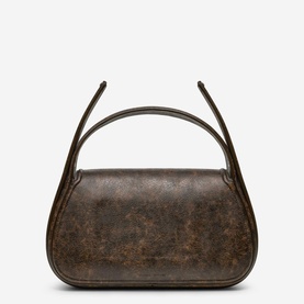 Samsoe & Samsoe washed gunmetal shoulder bag with distressed leather finish, curved silhouette, and twin top handles with gold-tone tips
