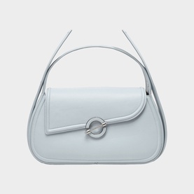 Samsoe & Samsoe Bel Air Blue leather shoulder bag with curved silhouette, top handle, and silver ring clasp closure
