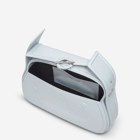 Samsoe & Samsoe Bel Air Blue leather shoulder bag, open top view showing black interior, silver toggle clasp closure