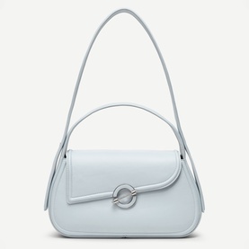 Samsoe & Samsoe Bel Air Blue leather shoulder bag with silver circular buckle clasp, top handle and single shoulder strap
