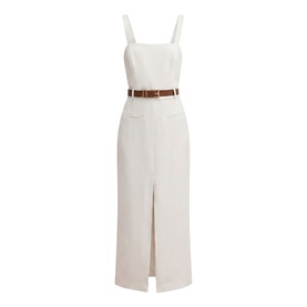 Forever New porcelain midi dress with square neckline, thin straps, front split, patch pockets, and tan belt detail.