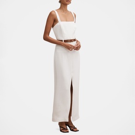 Model wearing Forever New porcelain maxi dress with square neckline, front split, and tan belt, styled with brown sandals.