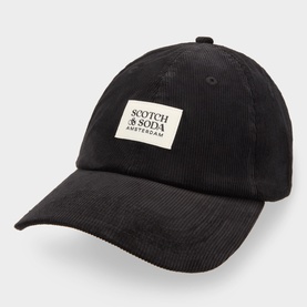 Scotch & Soda black corduroy cap with cream woven logo patch, curved brim and adjustable back strap