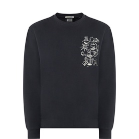 Scotch & Soda black cotton crew neck sweatshirt with white illustrated graphic print on left chest