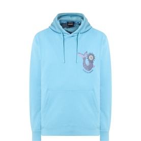 Scotch & Soda light blue cotton hoodie with chest graphic print and kangaroo pocket, drawstring hood