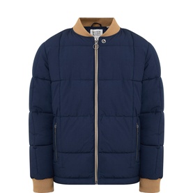 Scotch & Soda navy quilted puffer bomber jacket with tan ribbed collar, cuffs, and zip placket