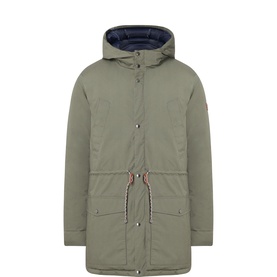 Scotch & Soda dark green nylon parka with hood, drawstring waist, snap button fastening, and contrast striped toggle detail