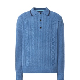 Scotch & Soda blue cable-knit polo jumper with contrast tipping, three-button placket, and long sleeves