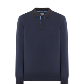 Scotch & Soda navy knitted polo with contrast dark collar, long sleeves, and button placket