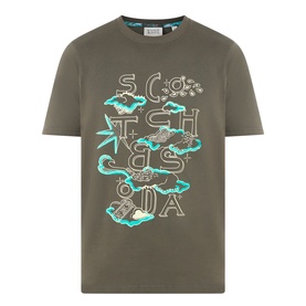 Scotch & Soda Forest Night green cotton T-shirt with teal and cream graphic lettering and cloud print on chest