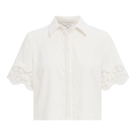 White cropped short-sleeve shirt with lace-trimmed scalloped sleeves and button-front fastening