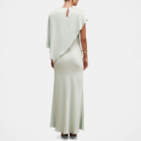 Model wearing Forever New dusty aqua maxi dress with draped cape overlay, keyhole back detail, and fluid satin skirt.