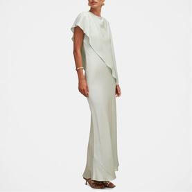 Model wearing Forever New dusty aqua satin maxi dress with asymmetric cape overlay and flutter sleeve detail.
