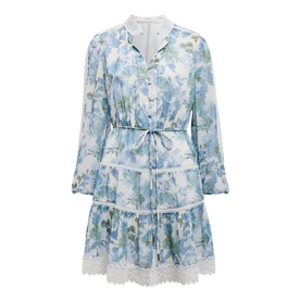Forever New Dangar Floral mini dress in blue floral print, long sleeves, button front, tie waist, tiered skirt with lace trim hem