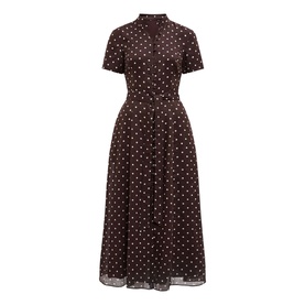 Dark brown polka dot midi dress with short sleeves, collared neckline, belted waist, and flared skirt