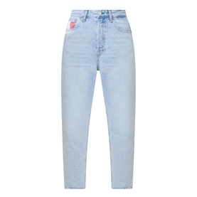 Tommy Flag Logo Cropped Mom Jeans in light denim, five-pocket style with flag logo detail, button fly, and belt loops