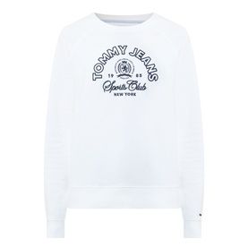 Tommy Heritage Logo Sweatshirt in ecru, crew neck with navy Sports Club New York graphic, ribbed trims, long sleeves, straight hem