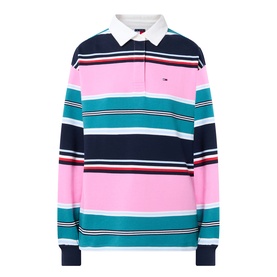 Tommy Flag Logo Striped Rugby Top in Pink Daisy multi stripe with white contrast collar, embroidered flag logo, and rib-knit cuffs