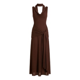Forever New Dark Mahogany maxi dress with cowl neck, choker detail, sleeveless silhouette, ruched tie waist, and asymmetric hem.