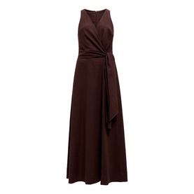 Chocolate brown sleeveless maxi dress with V-neckline, wrap-effect bodice, side tie detail, and flared skirt