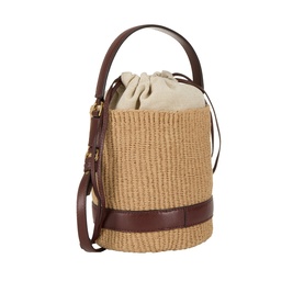 Chlo&eacute; crossbody bucket bag in Crafty Brown, woven raffia body with brown leather trim, gold hardware and detachable strap