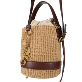 Chloe crossbody bucket bag in Crafty Brown woven raffia with dark brown leather trim, gold hardware, logo charm, and adjustable strap