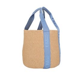 Chloe tote bag in natural raffia with Ashes Blue logo-printed fabric handles, structured bucket silhouette