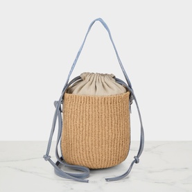 Chloe Ashes Blue crossbody bucket bag in woven paper with leather drawstring top, grey-blue shoulder and crossbody straps, silver-tone details