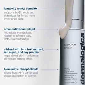 Dermalogica Futurecode Booster serum in white pump bottle with key ingredient benefits listed alongside product