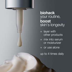 Dermalogica serum dropper dispensing product onto cream texture, with usage tips: layer, mix, or use alone up to 4 times daily