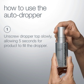 Dermalogica serum with auto-dropper usage instructions, showing hands unscrewing dropper top to fill with product.