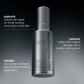 Dermalogica Bioluminesc Power Serum in dark grey pump bottle with key benefits highlighted around the product