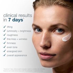 Dermalogica serum applied to model's cheek, clinical results in 7 days including lifting, brightness and fine lines claims shown