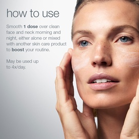 Model with Dermalogica serum being smoothed onto face and neck, with how-to-use application instructions overlaid