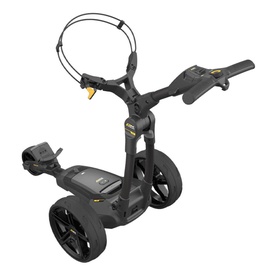 Graphite electric golf trolley with three wheels, ergonomic handle, and yellow-accented folding frame