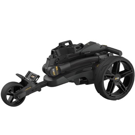 Matte black three-wheel golf push trolley with gold accents, folding frame, and large spoke wheels, shown at an angle.