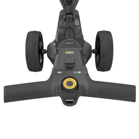 PowaKaddy electric golf trolley in graphite black with yellow accents, showing control panel, handle and three-wheel base from above