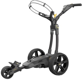 PowaKaddy electric golf trolley in dark grey/black with three wheels, handle controls, and round bag holder ring visible