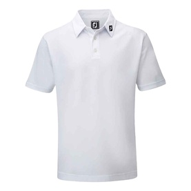 FootJoy white short-sleeve polo shirt with ribbed collar, two-button placket, and logo patch at chest