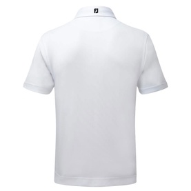 White polo shirt back view, ribbed collar with navy logo tab, short sleeves, clean minimalist design