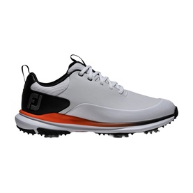 FootJoy men's golf shoe in white with black and orange accents, spiked rubber sole, lace-up fastening, FJ branding on heel